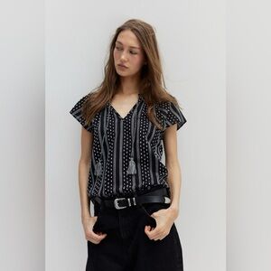 H&M Black White Textured Boho Cottagecore Drawstring Cotton Blouse Size Large